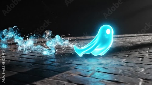 Glowing Blue Ghost Character Floating Over Cobblestone Path at Night.