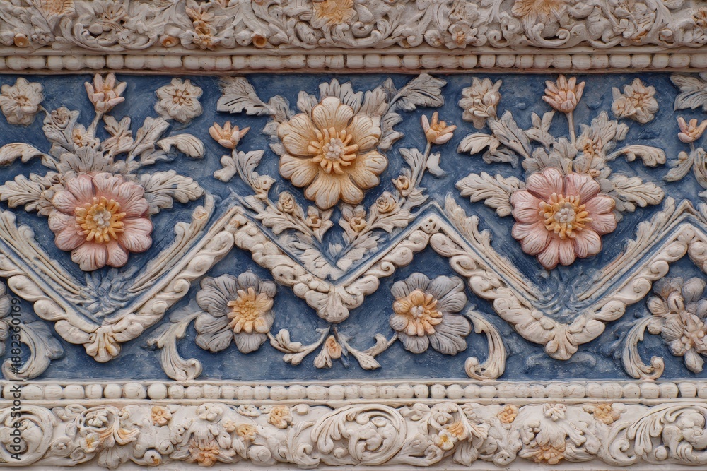 Obraz premium Elaborate floral stucco ornamentation displays intricate three dimensional relief work against a deep blue background