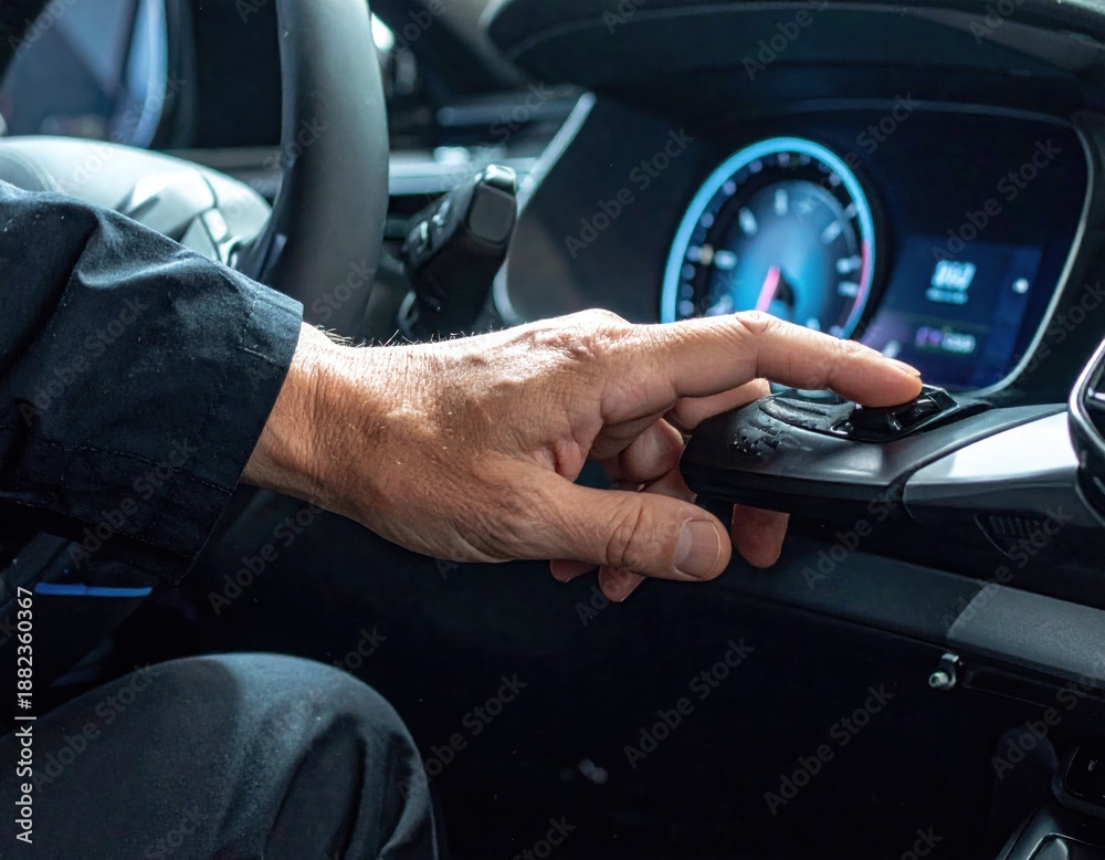 Naklejka premium Close Up Of A Hand Operating A Control Dial On A Modern Car Dashboard With Illuminated Display