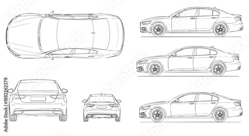 Modern Sedan Blueprint Drawings: Top, Side and Rear Views for Automotive Design and Innovation.