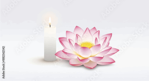 A lit candle and a pink lotus flower on a white background.