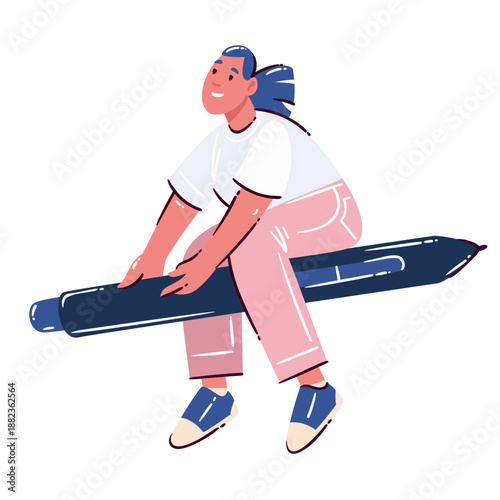 Graphic designer character flying on giant stylus pen. Creative designer concept, imagination and freedom, digital illustration workflow, visual metaphor of graphic design, cartoon vector illustration
