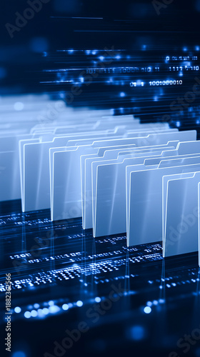 A futuristic blue digital filing system with rows of glowing document folders on a data-driven background. Low angle view of organized virtual storage and cloud computing concept.