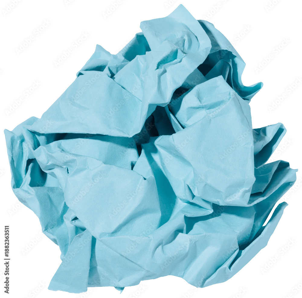 Obraz premium Cool blue paper ball from crumpled used sheet, isolated paper element for digital design