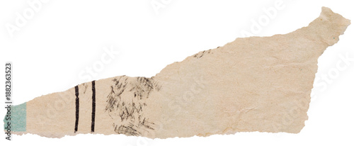 Ripped scrap of old faded book page with vintage print, isolated paper element for scrapbooking