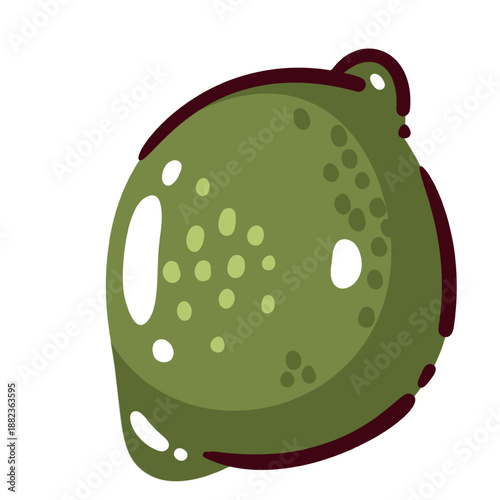 Lime fruit icon with textured peel and flat colors. Green lime citrus shape with bold outline, fresh food symbol for menu, packaging and healthy nutrition. Cartoon vector illustration.
