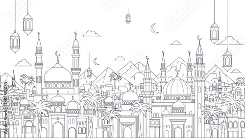 Islamic City Skyline with Mosques and Lanterns.