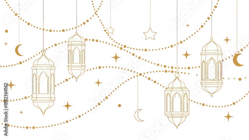 Islamic lanterns and crescent moons hanging decorative elements.