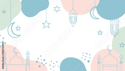 Islamic Ramadan Kareem festive background with mosque and crescent moon.