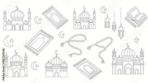 Islamic Religious Elements Doodle Sketch Collection for Ramadan and Eid.