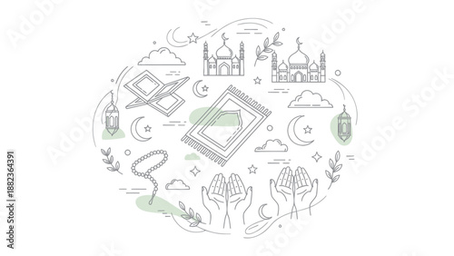 Islamic Religious Symbols and Elements in Circular Line Art Design.
