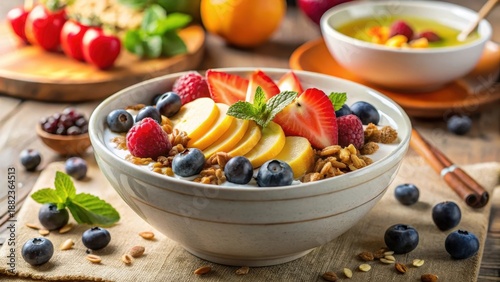 Wallpaper Mural A delightful breakfast bowl brimming with creamy yogurt, crunchy granola, and a vibrant medley of fresh berries and sliced fruit, creating a healthy and visually appealing start to the day. Torontodigital.ca