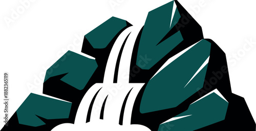 A stylized illustration of a serene mountain waterfall in a rocky landscape