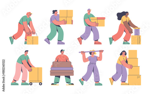 A group of people moving boxes and furniture in a colorful illustration