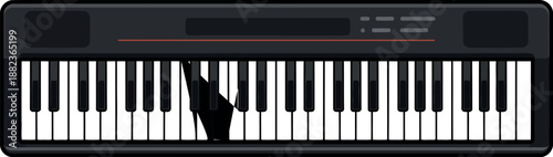 A close-up view of a black electronic keyboard with a missing key on a plain white background