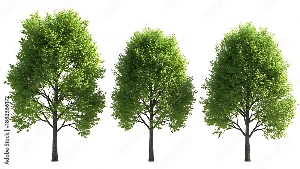 Obraz premium three green trees with fresh foliage isolated on white background suitable for architectural renders landscape design and digital assets.