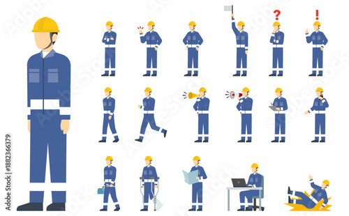 フラットイラスト：青い作業着を着た作業員セット