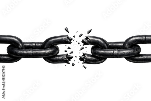 Broken chain link representing freedom, escape, liberation, and overcoming challenges with strength and determination