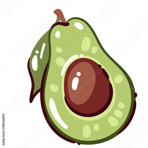 Avocado fruit icon with halved shape, large seed, smooth green flesh and dark outline. Fresh avocado with soft texture, flat design, minimal shading. Cartoon vector illustration.