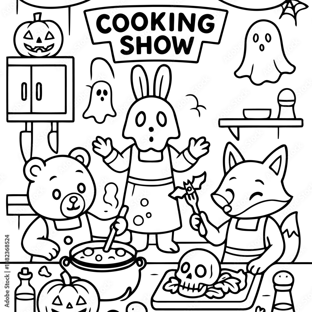 Fototapeta premium Halloween Cooking Show: A spooky cooking show featuring a rabbit, fox, and bear preparing a Halloween feast. The scene is filled with traditional Halloween imagery.