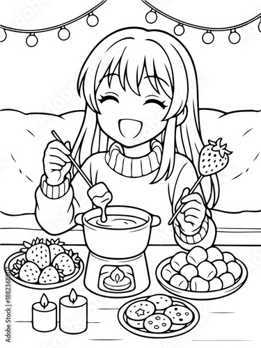 Fondue Delight: An animated image of a joyful female character in a cozy setting, dipping delicious strawberries and treats into a pot of fondue.