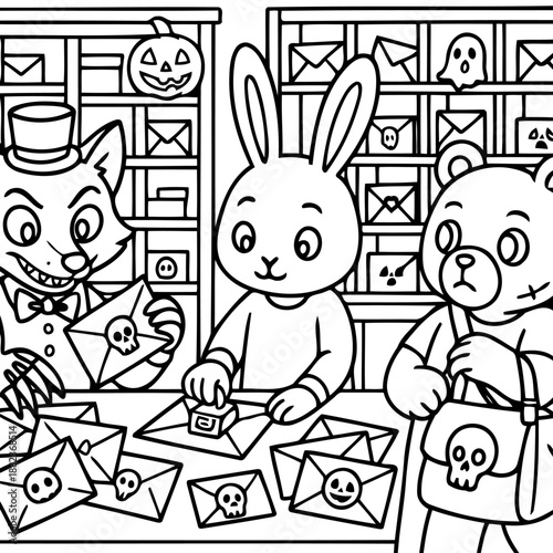 Halloween Mailroom: A whimsical, line-art illustration shows cartoon animals at a Halloween-themed mailroom, surrounded by envelopes, jack-o'-lanterns, and ghosts. 