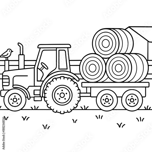 Farm Tractor Transporting Hay: A monochromatic illustration captures a sturdy farm tractor in motion, its trailer laden with round hay bales, signifying rural agriculture and the harvesting process.