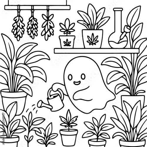 Spooky Gardener: A cartoon ghost waters flourishing plants in a serene, plant-filled environment, a whimsical illustration with a blend of natural and ghostly elements.