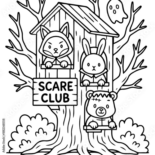 Spooky treehouse : In the eerie embrace of a gnarled tree, a cartoonish treehouse emerges as the haunting headquarters of the Scare Club, where a playful ghost flits.