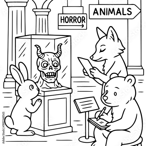 Museum Visit: A charming scene of cartoon animals visiting a museum, taking in exhibits and learning about the world around them.