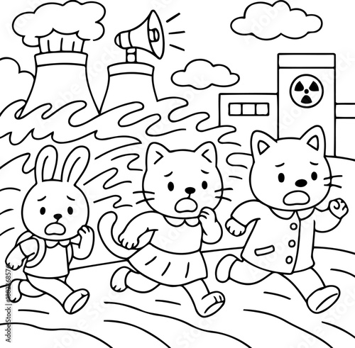 Cat and Rabbit Running from Disaster: A cartoon illustration depicts a scene of environmental alarm as a group of cat and rabbit frantically flee from a disaster.