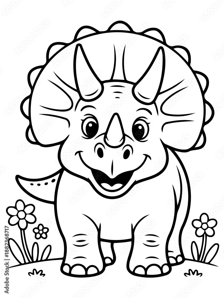 Fototapeta premium Smiling Triceratops Illustration: A cheerful, friendly triceratops illustration stands proudly, surrounded by simple floral elements, evoking a sense of joy and playful discovery.