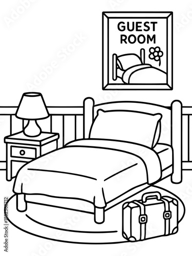 Cozy Guest Room Interior: A charming guest room interior is meticulously sketched in clean lines, featuring a comfortable bed, bedside lamp, framed Guest Room sign.