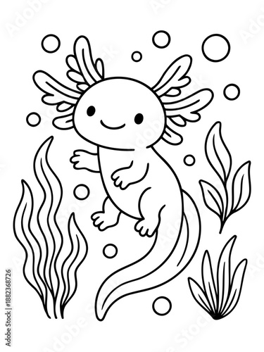 Axolotl in Aquatic Paradise: A delightful axolotl swims gracefully amidst aquatic plants and playful bubbles, radiating charm in this whimsical illustration.