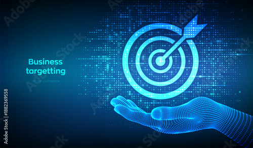 Business targeting icon made with currency symbols in hand. Planning development leadership. Customer Relation Management. Dollar, euro, yen and pound icons. Background with currency signs. Vector.