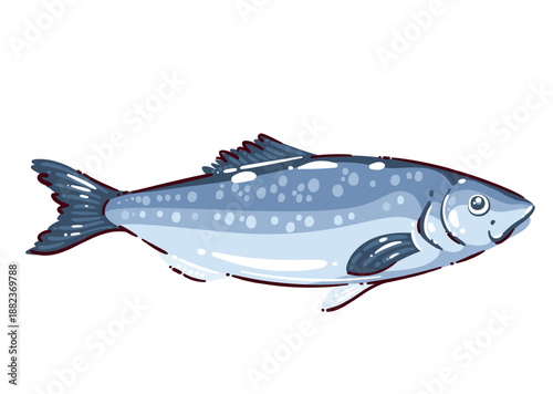Tuna fish seafood ingredient for mediterranean cuisine, fresh tuna for healthy diet, lean fish rich in protein and omega fatty acids, seafood product for menu design, cartoon vector illustration