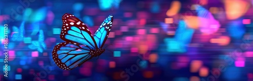 Blue butterfly moving through a dynamic abstract background with glowing particles and motion blur, symbolizing digital transformation and speed