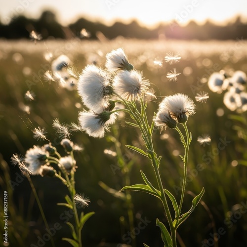 Delicate Cotton Grass Blooms in a Golden Meadow at Sunset.