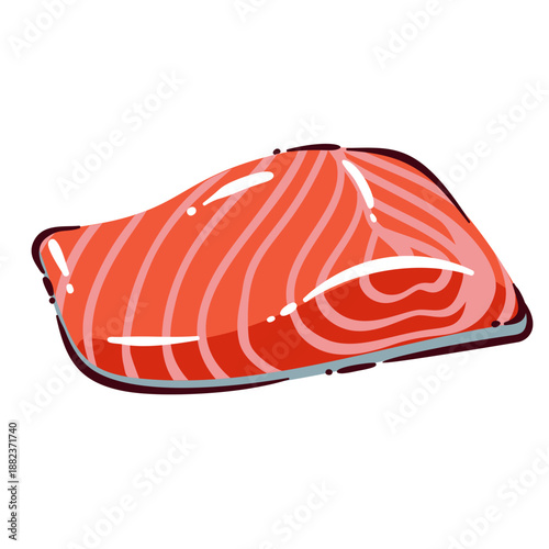 Salmon fillet cut, fresh salmon meat for mediterranean cuisine, healthy diet seafood rich in protein and omega fats, premium fish ingredient for cooking, cartoon vector illustration