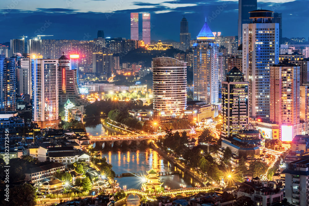 Obraz premium High angle night view of Jiaxiu Tower and city skyline in Guiyang, Guizhou Province, China