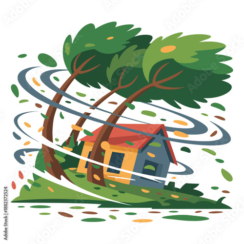 A cartoon house surrounded by trees being blown away by strong winds during a stormy weather