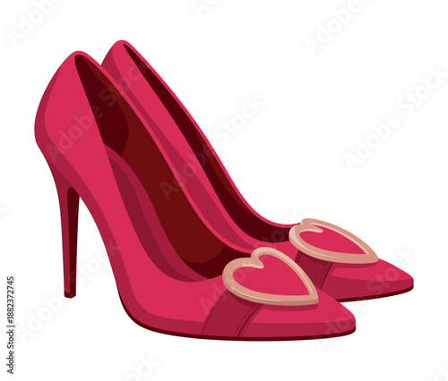 A pair of pink high-heeled shoes with heart-shaped decorations on the toes, set against a plain white background.