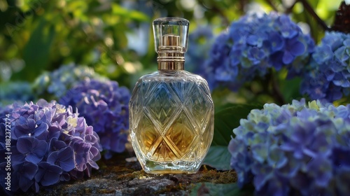 Luxury perfume bottle placed among blooming hydrangea flowers in natural garden light.