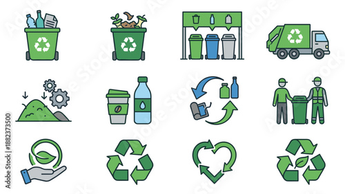 Recycling waste management icons set. Garbage truck, compost bin, sorting containers, eco symbols. Sustainability concept. Green earth, reuse, reduce, organic. Flat vector design.