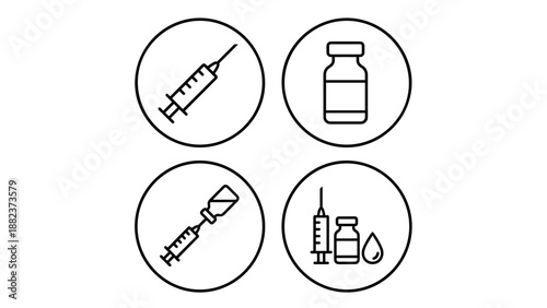 Minimalist vaccination syringe and medicine vial vector icon set in line art style, healthcare injection equipment symbols, medical treatment design elements arranged in circular grid layout