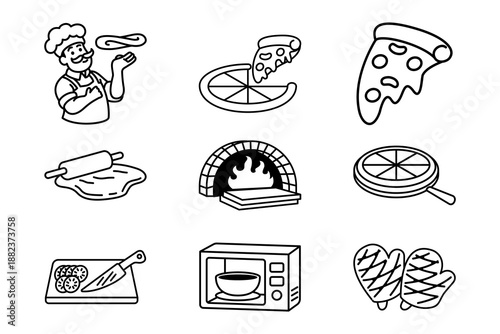 Pizza slice, whole pizza, rolling pin, oven, pan, cutting board, microwave icon set. pizza kitchen, italian food, pizzeria elements pack. Food illustration.