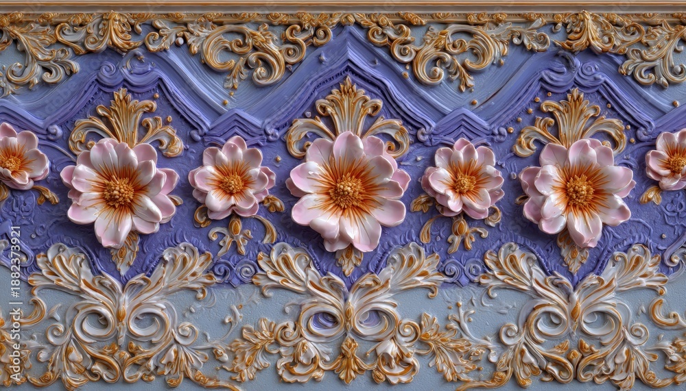 Obraz premium Three dimensional floral bas-relief ornamentation displays intricate scrolling details in contrasting pastel colors