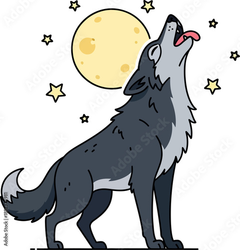 Lone Wolf Howling at the Full Moon and Stars Vector Illustration