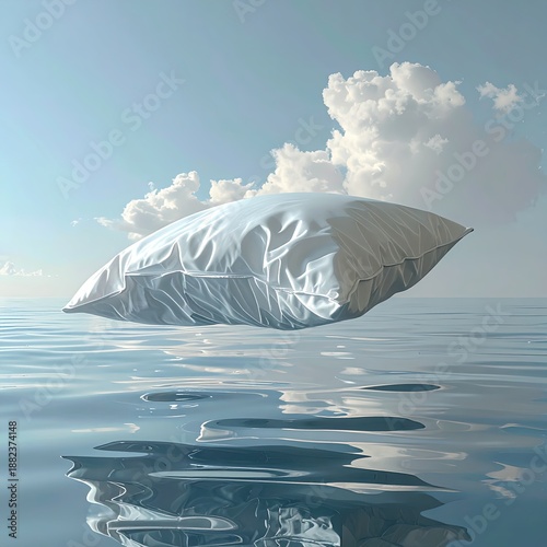 A surreal dreamscape featuring a floating pillow above calm water under a cloudy sky.