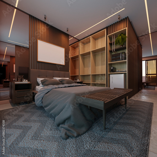A modern bedroom features a grey bed, wooden open wardrobe divider, and slat walls with LED lighting and a blank frame, created using Blender software.